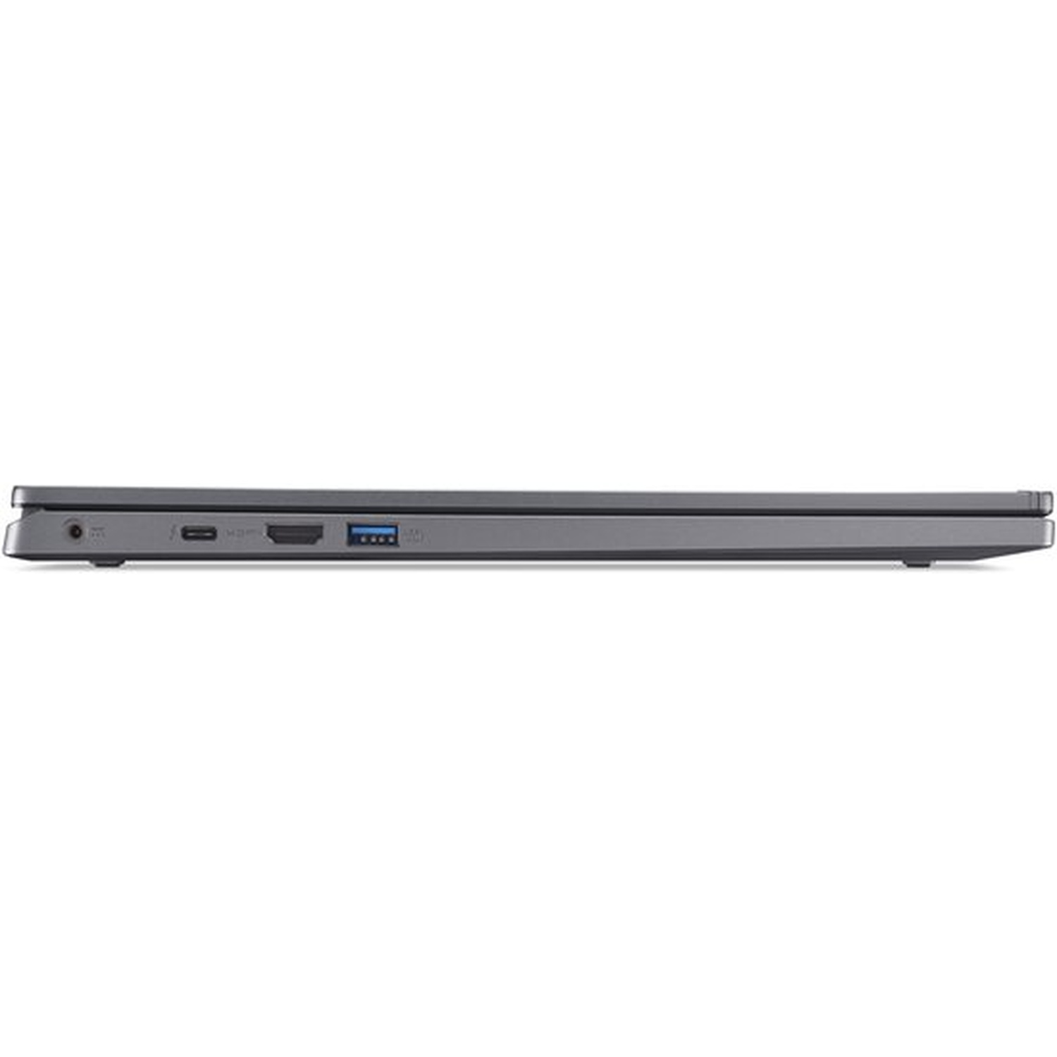 Un ordinateur portable sombre, vue latérale avec ports USB-C et HDMI.