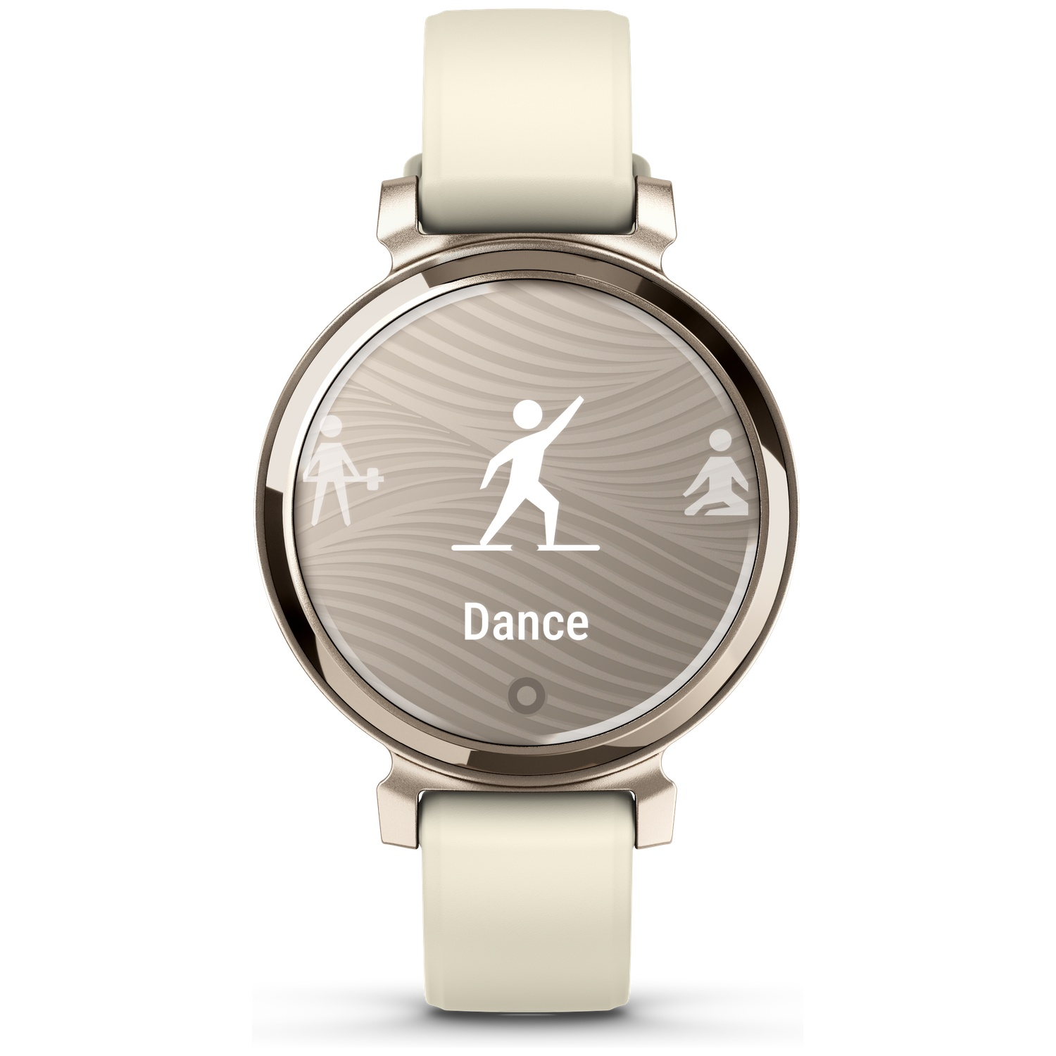 A smartwatch with a beige dial displaying dance icons and the word Dance.