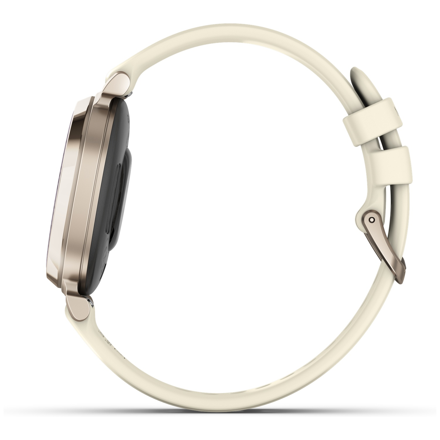 Gold smartwatch with cream band, side view.