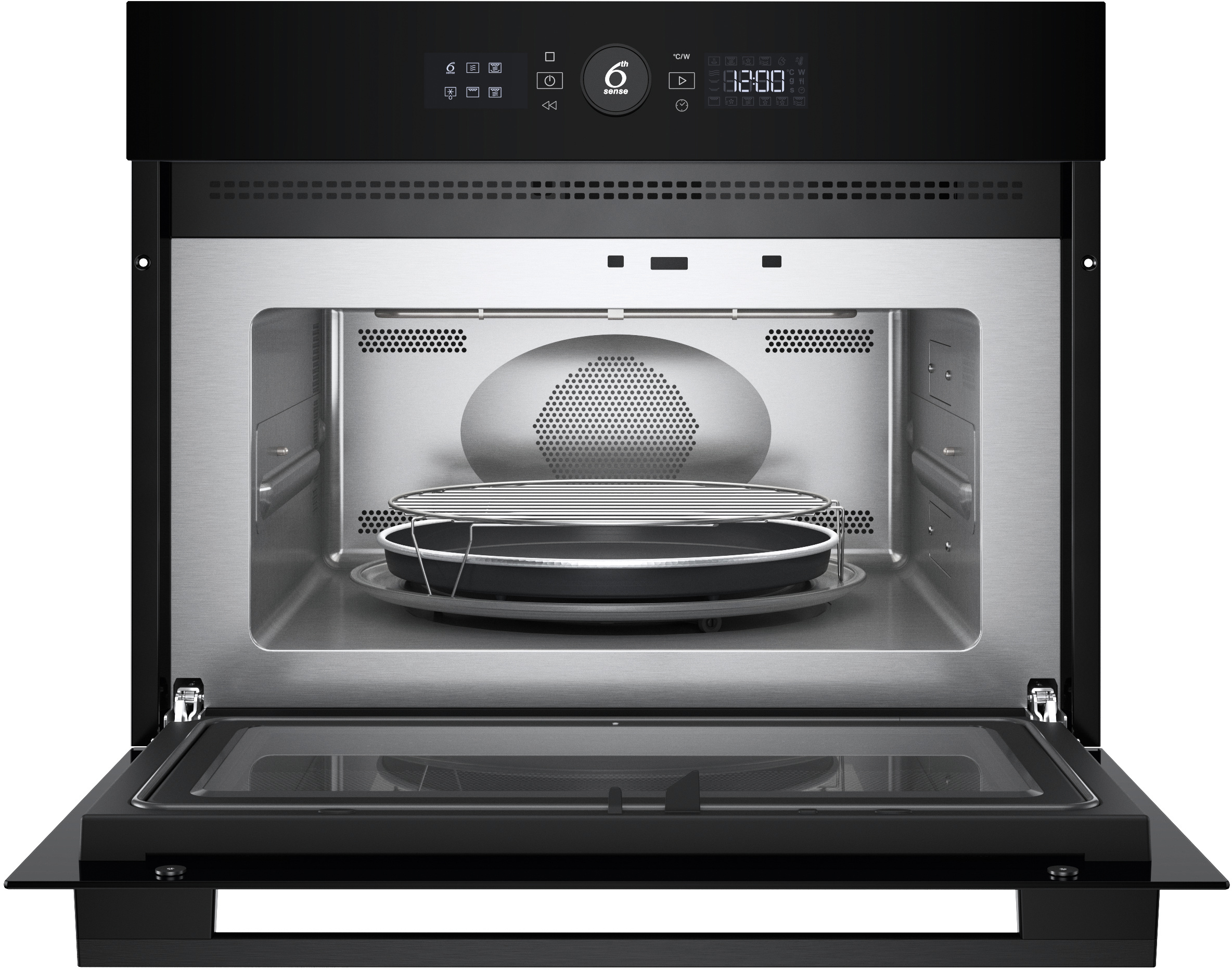 Otwarta czarna mikrofalówka z widokiem wnętrza, talerzem obrotowym i panelem.