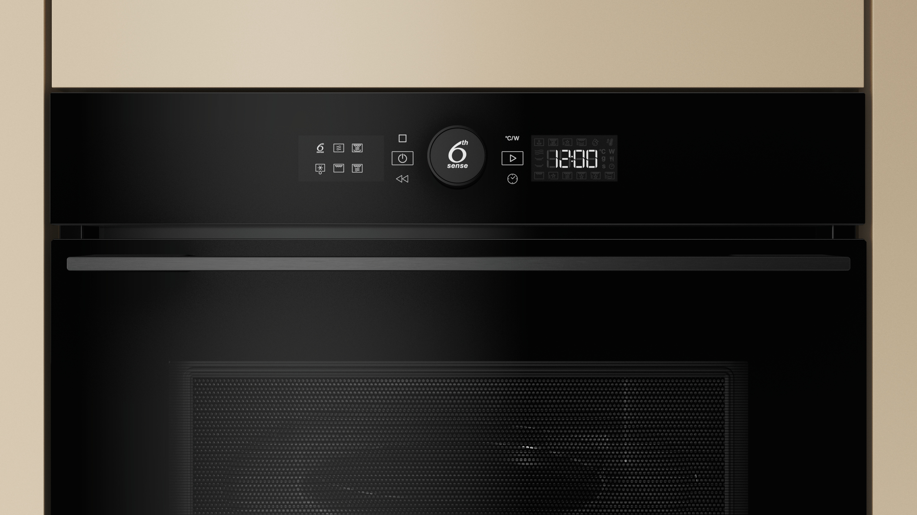 Czarny panel sterowania z cyfrowym wyświetlaczem pokazuje 12:00.