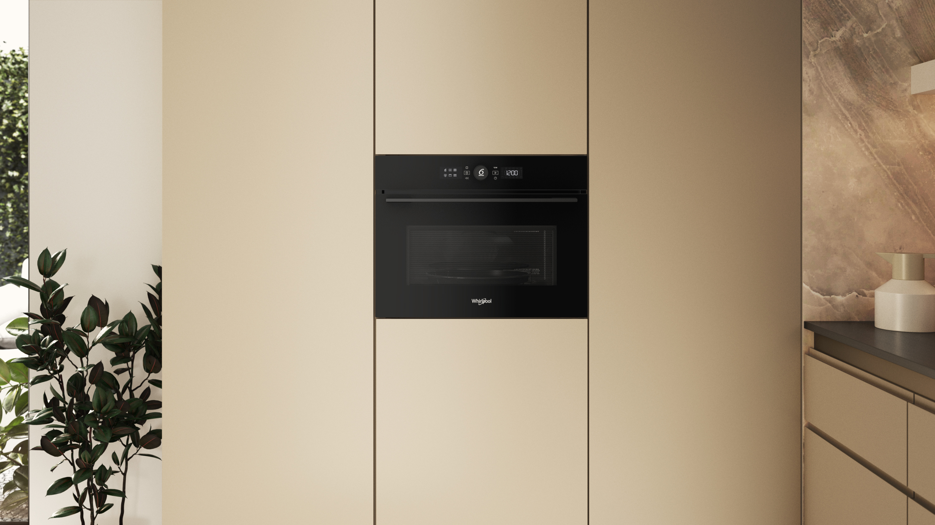 Wbudowana kuchenka mikrofalowa z czarnym panelem sterowania na beżowych szafkach.