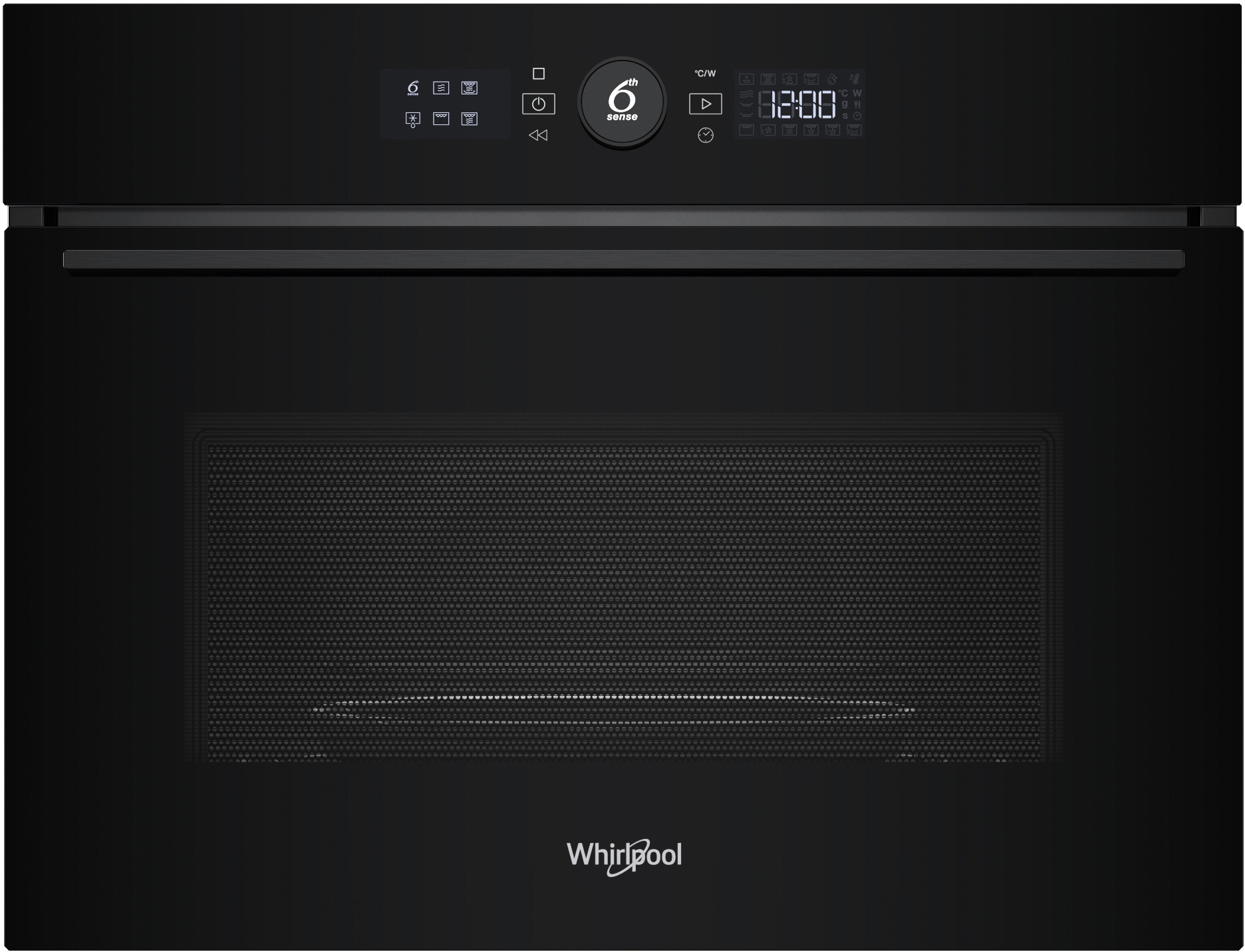 Czarny piekarnik z cyfrowym wyświetlaczem i logo Whirlpool.