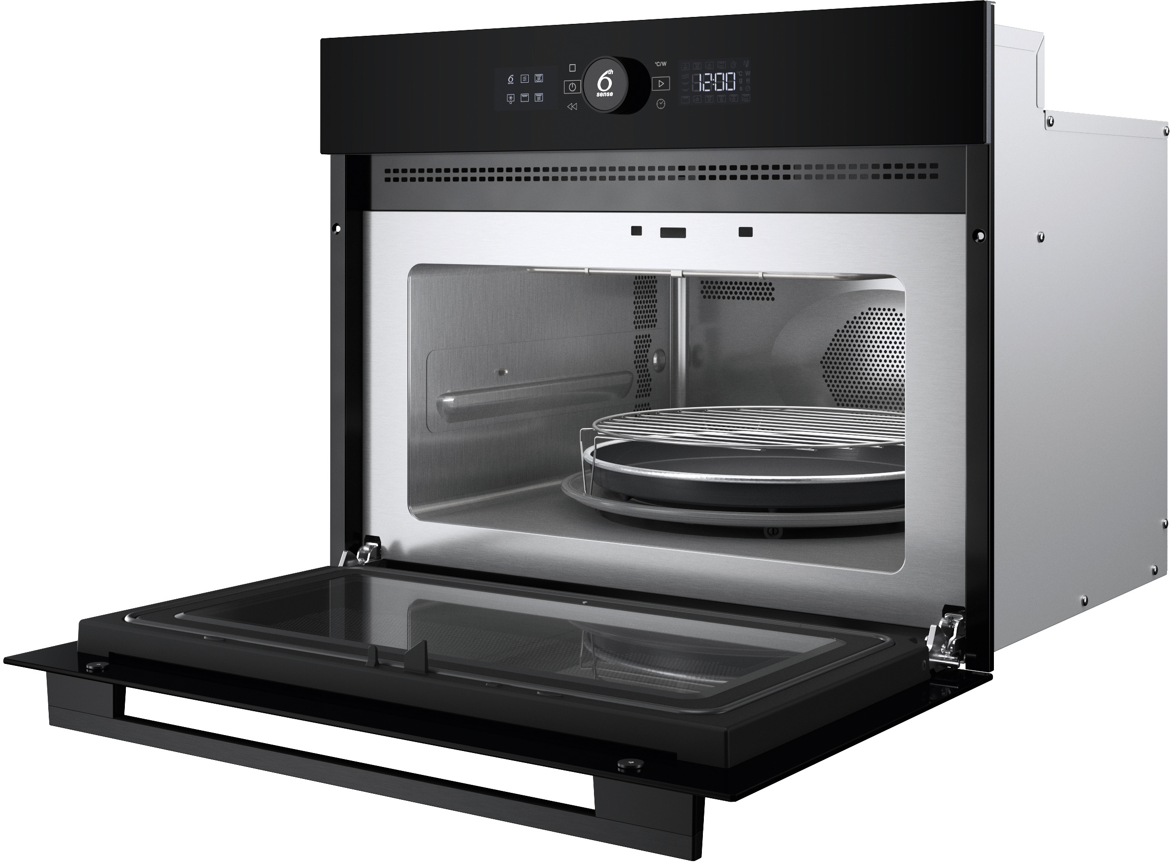 Nowoczesna kuchenka mikrofalowa do zabudowy z otwartymi drzwiami, widoczne srebrne wnętrze.