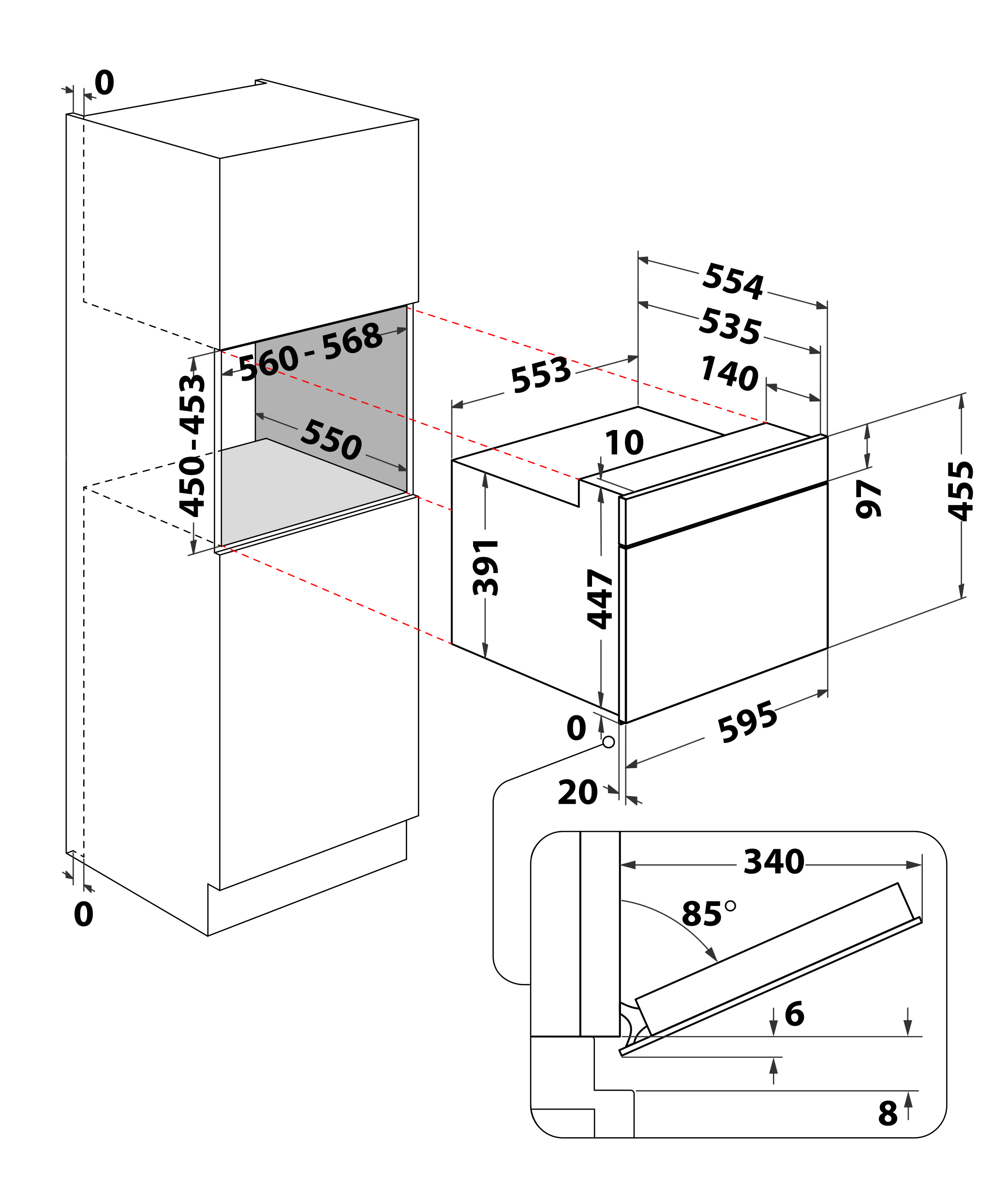 Rysunek techniczny urządzenia do zabudowy z wymiarami montażowymi i zewnętrznymi.