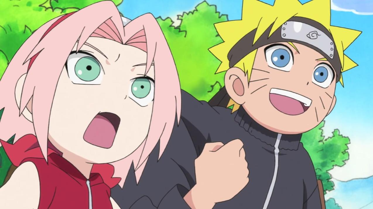 Naruto und Sakura mit grünen Augen schauen überrascht.
