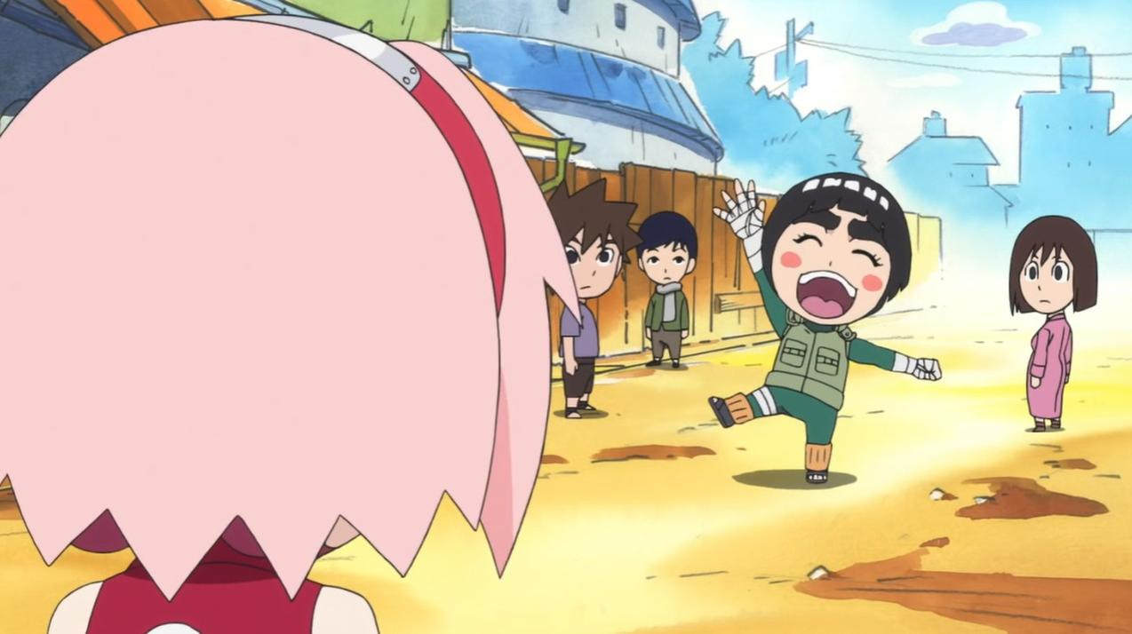 Chibi-Charaktere in einer Anime-Szene mit Gebäuden im Hintergrund.