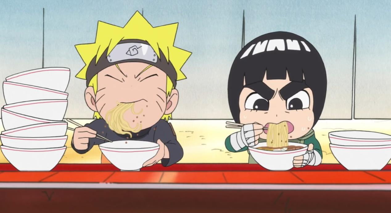 Zwei Anime-Charaktere essen Nudeln. Ein Stapel Schüsseln daneben.