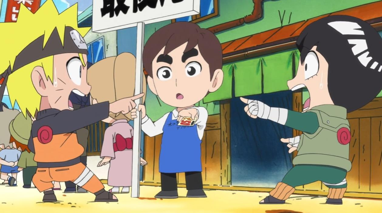 Naruto und Rock Lee zeigen auf einen Mann mit blauer Schürze.