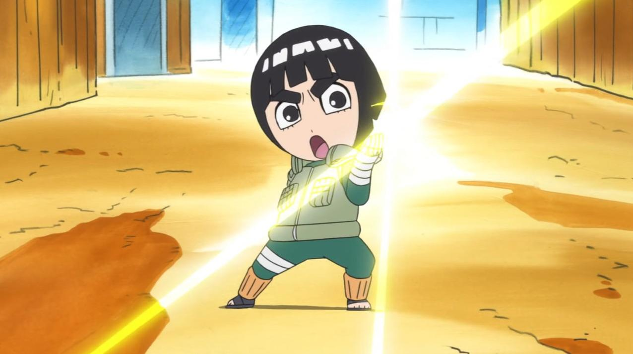 Chibi-Charakter mit schwarzen Haaren, der gelbe Energie ausstrahlt.