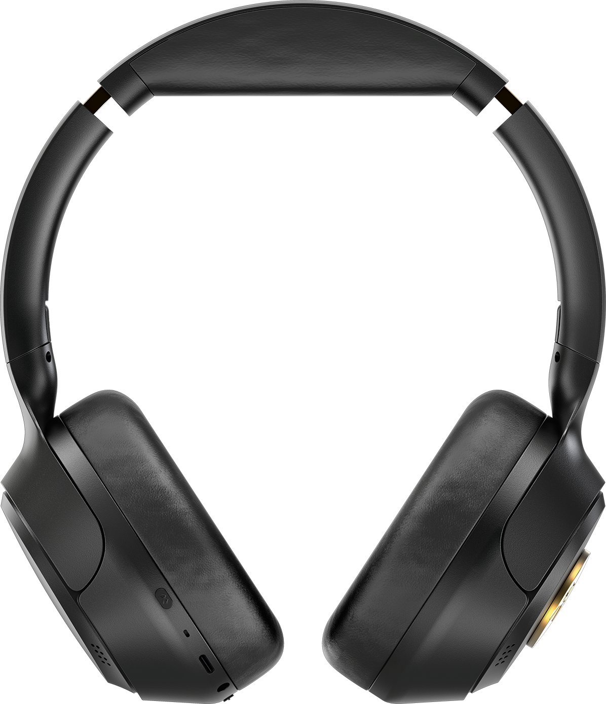 Cuffie over-ear nere con accenti dorati, su sfondo nero.