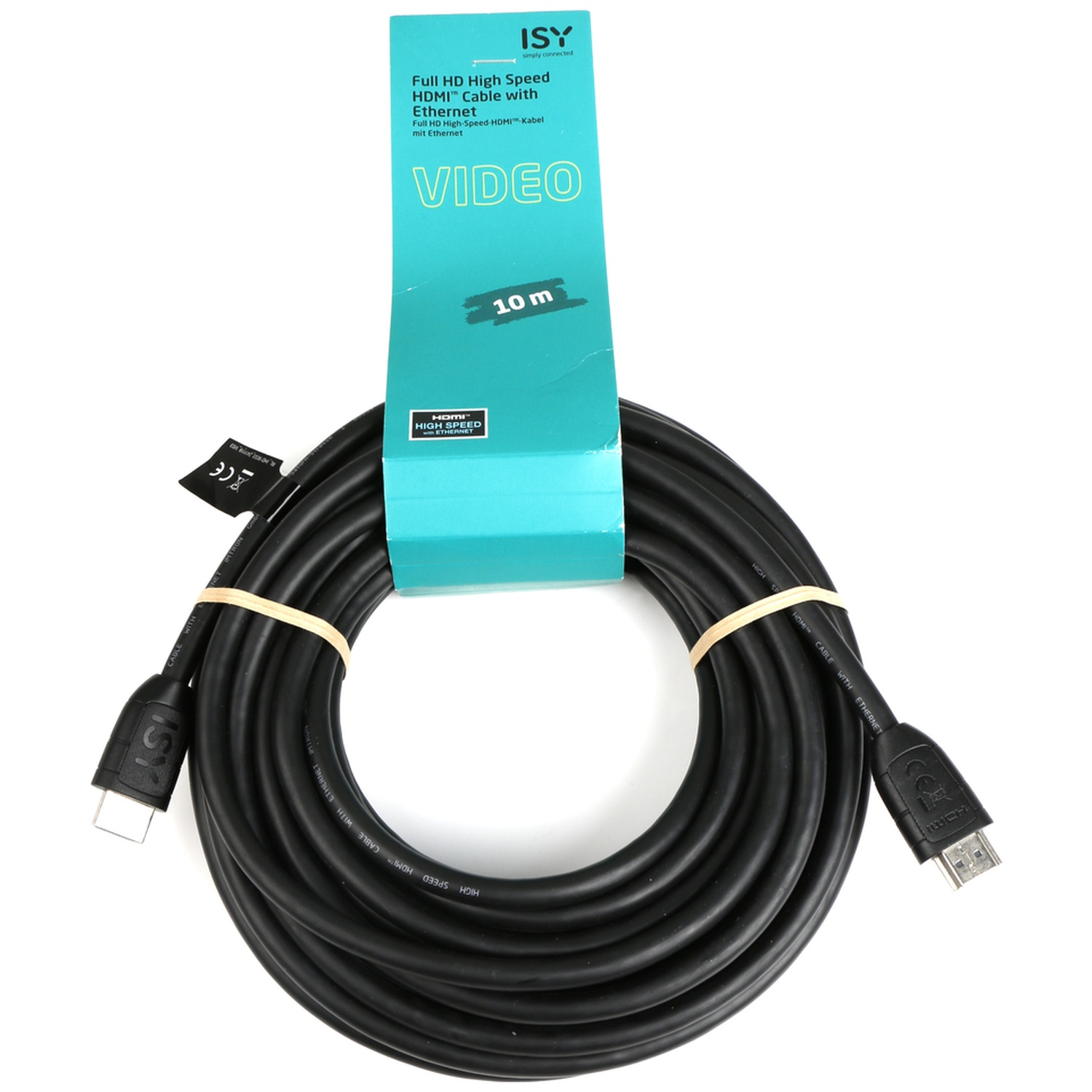 Black HDMI cable with connectors and packaging, 10m length.