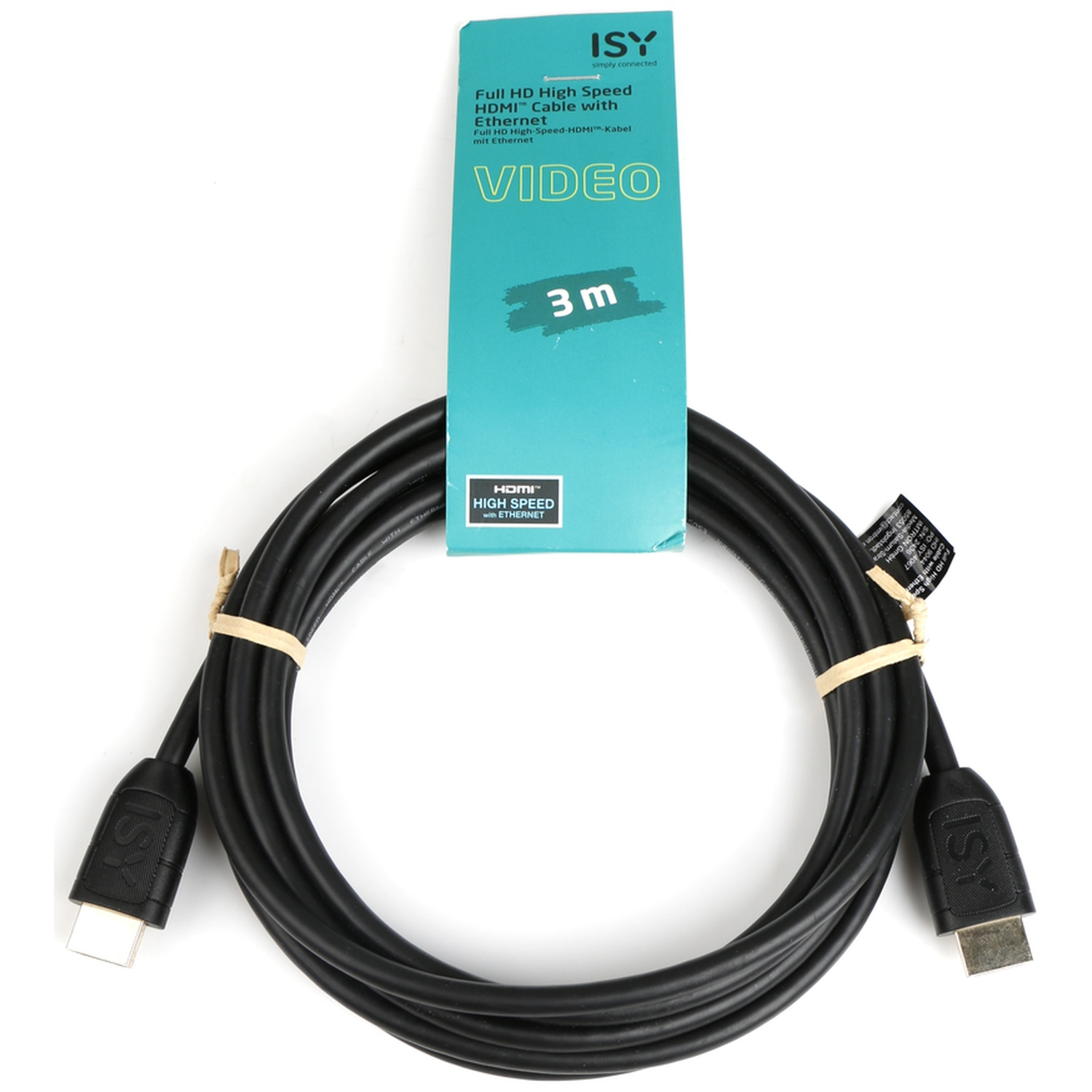 Zwarte HDMI-kabel met twee connectoren, 3m lang, met verpakking.