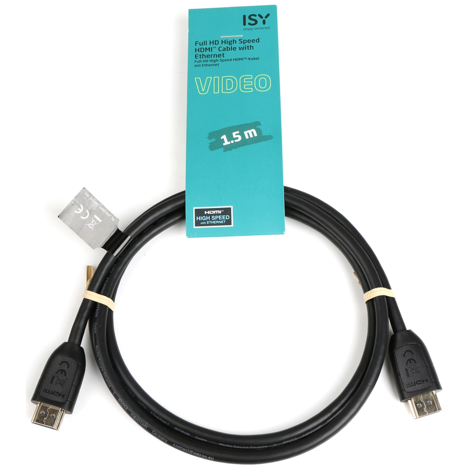 Un câble HDMI noir avec Ethernet et une étiquette de 1,5m est montré.