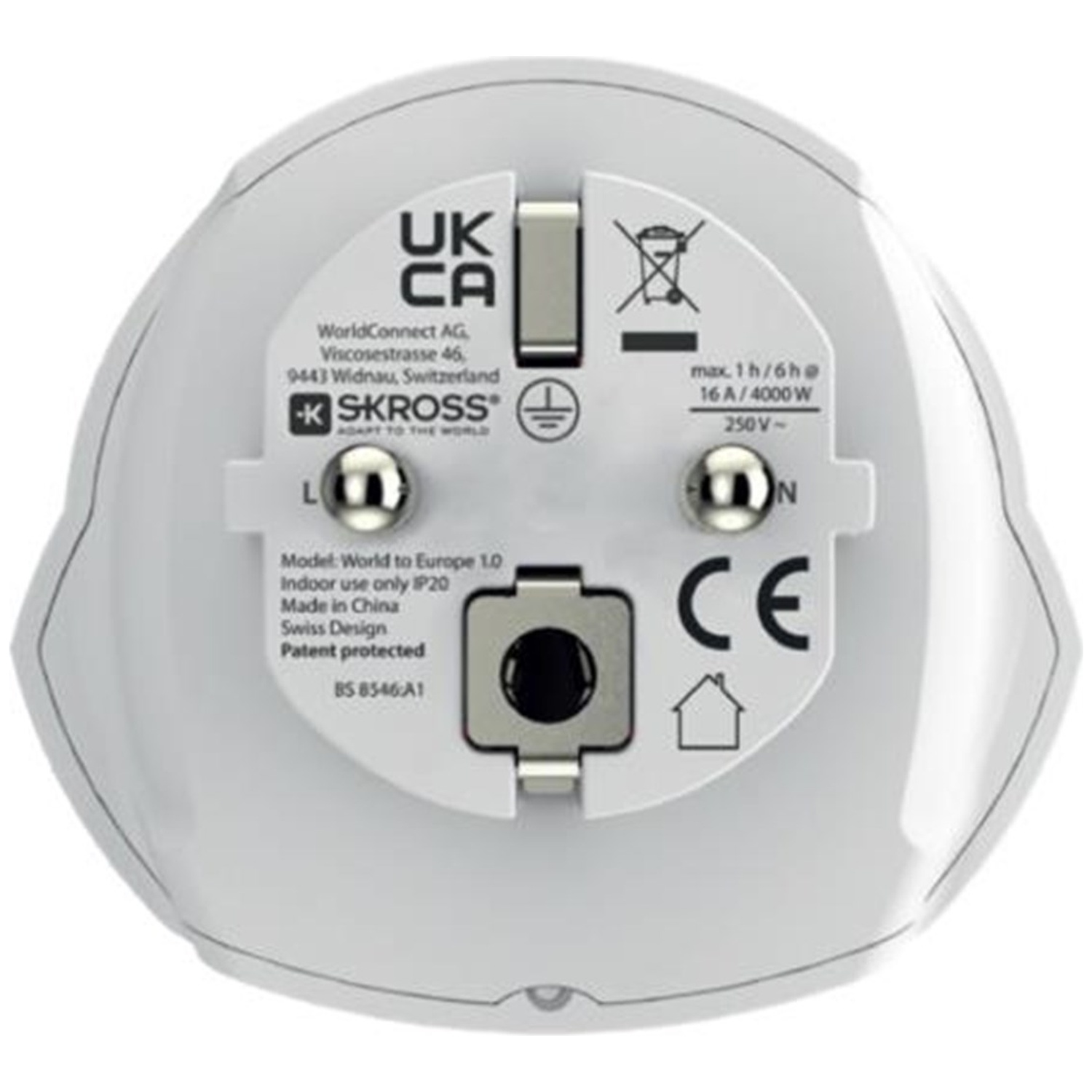 Adaptateur de voyage blanc avec marquage UK/CA et logo CE.