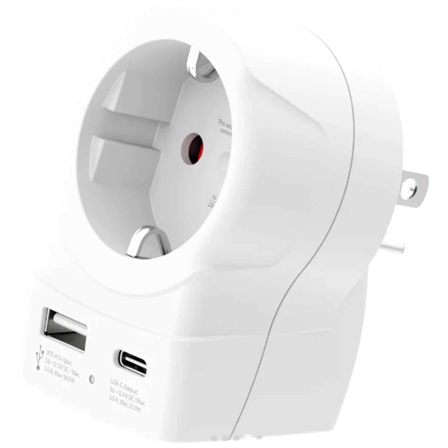 Adaptateur de voyage blanc avec ports USB-A et USB-C, et une prise européenne.