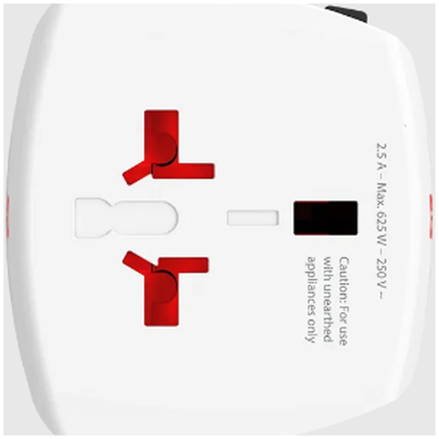 White travel adapter with red plugs and caution text.