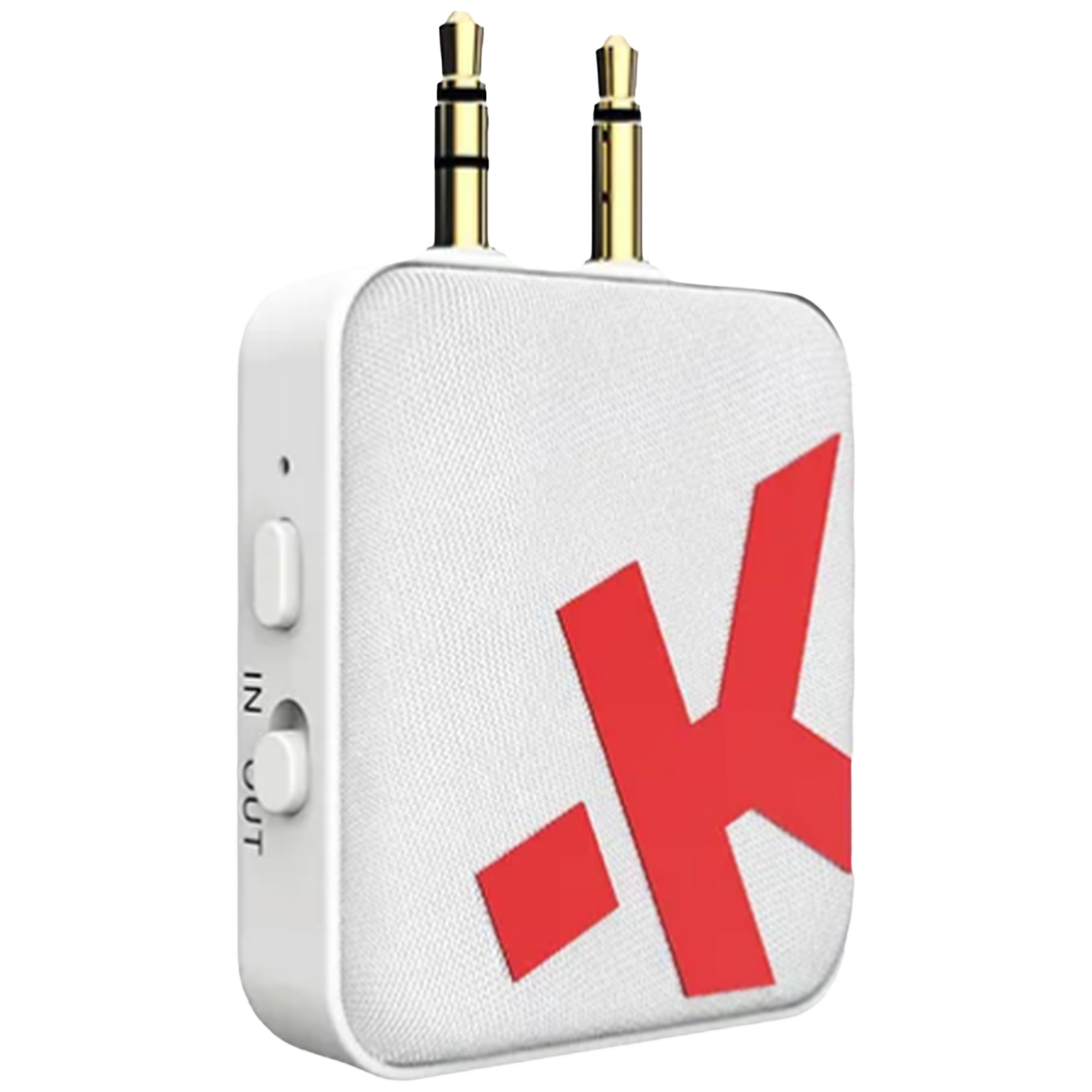 Un appareil audio blanc avec des symboles rouges et deux prises dorées.