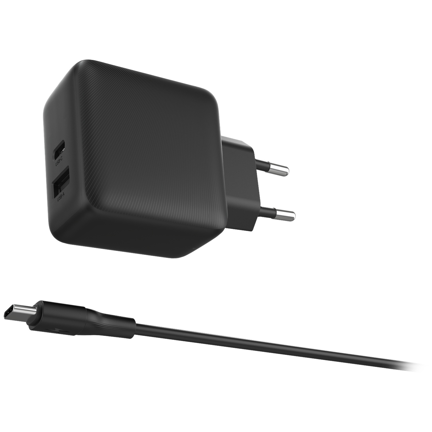 Zwarte USB-C lader met twee poorten en een USB-C kabel.