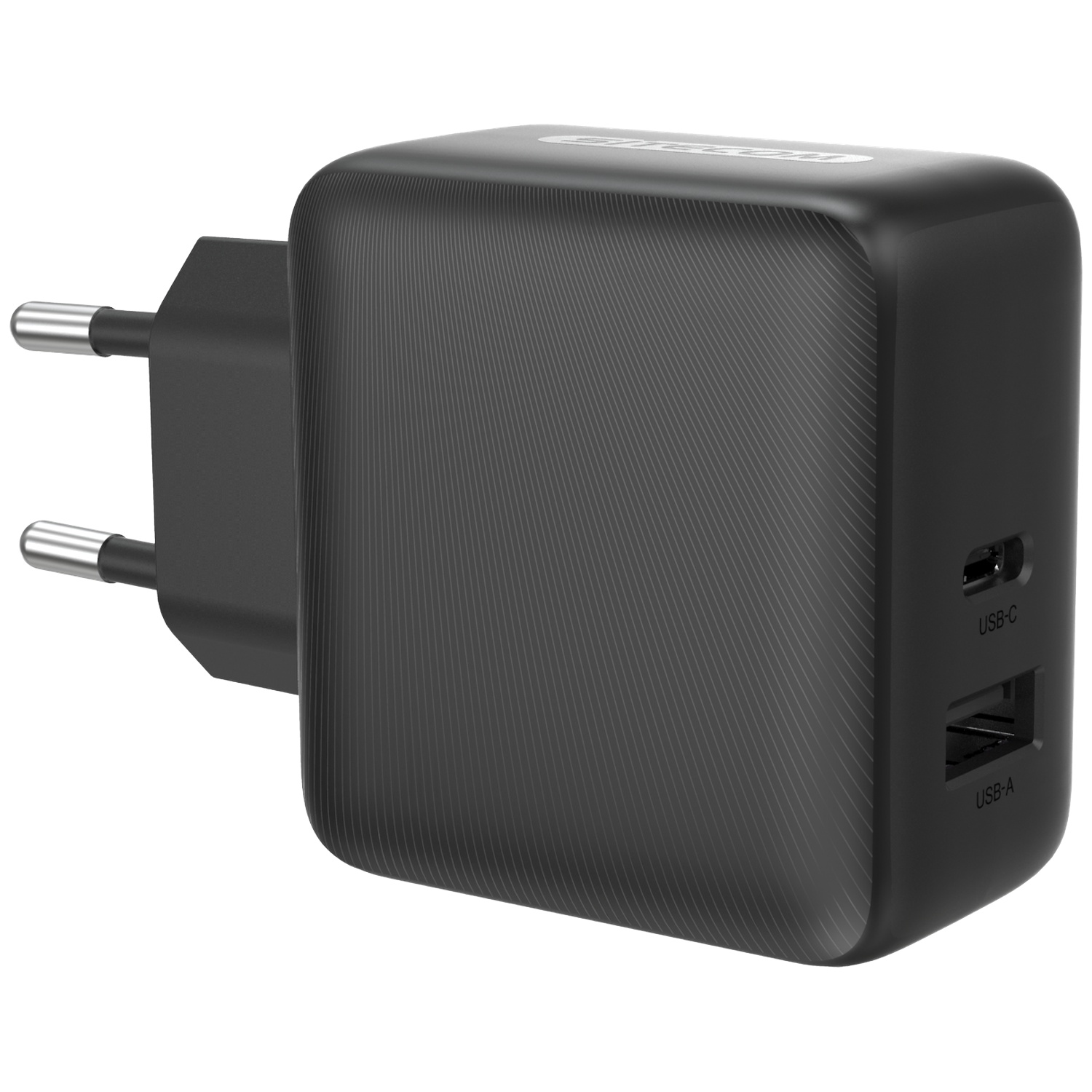 Zwarte USB-oplader met twee poorten (USB-C en USB-A) en EU-stekker.
