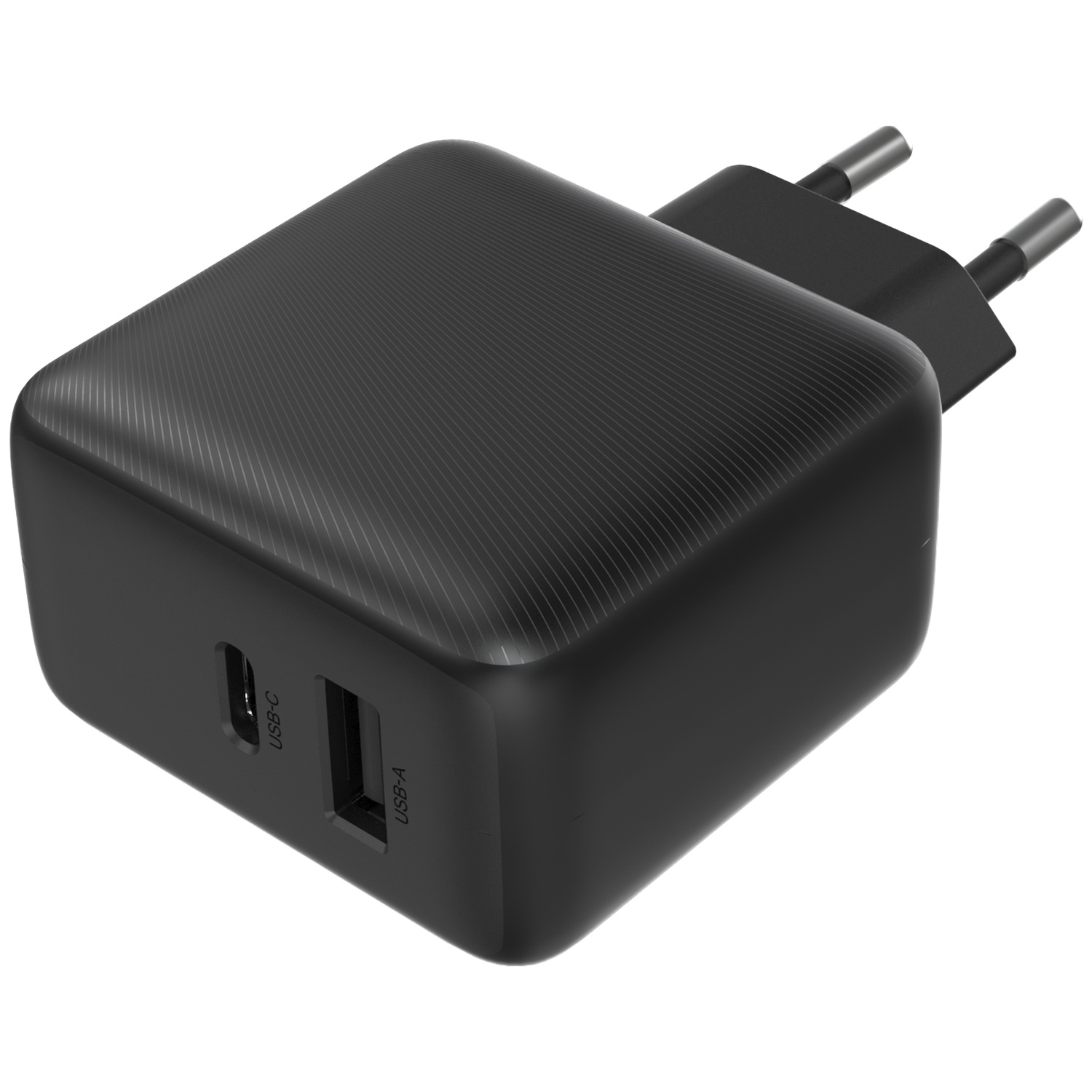 Zwarte reisadapter met USB-C en USB-A poorten.