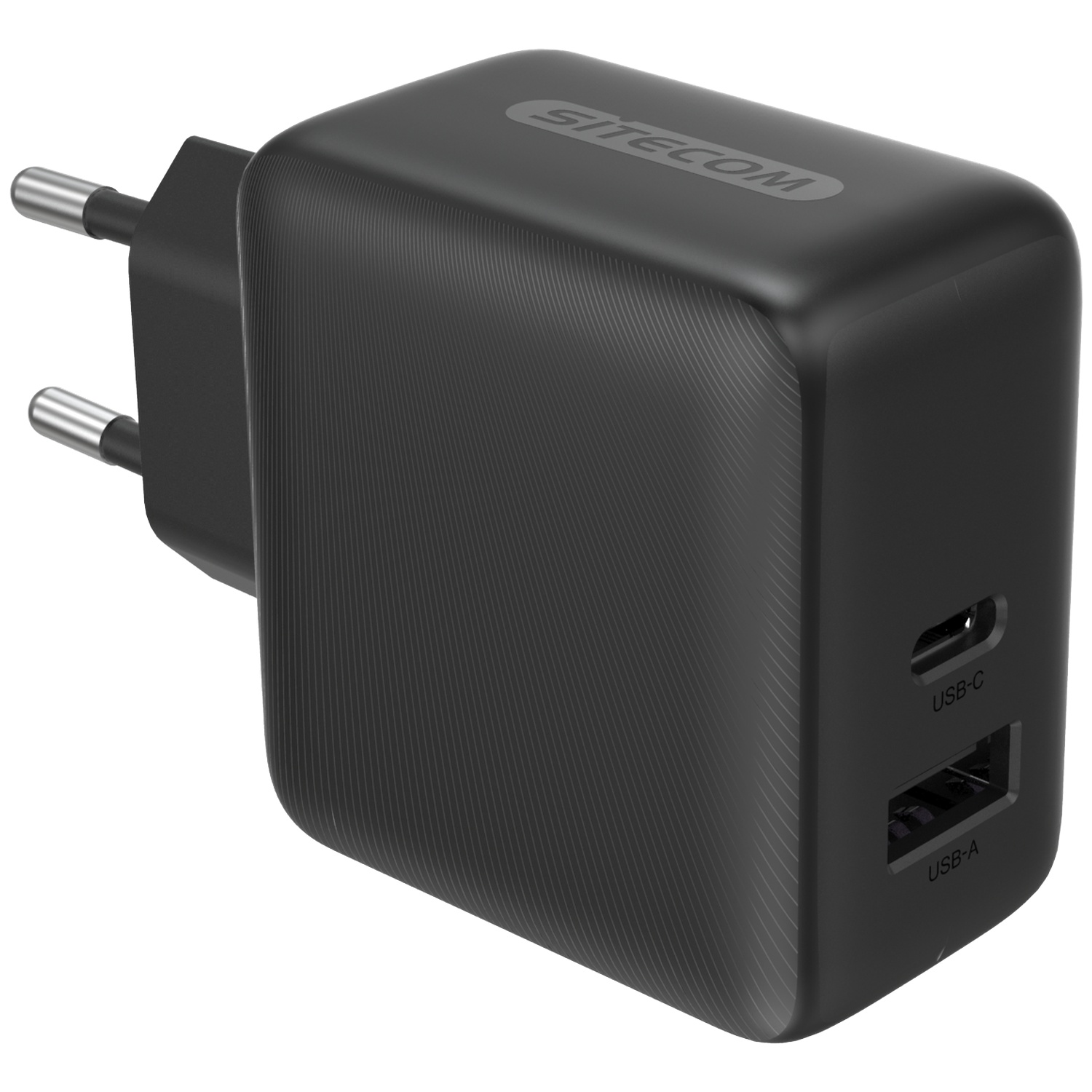 Zwarte stroomadapter met twee USB-poorten (USB-C en USB-A).