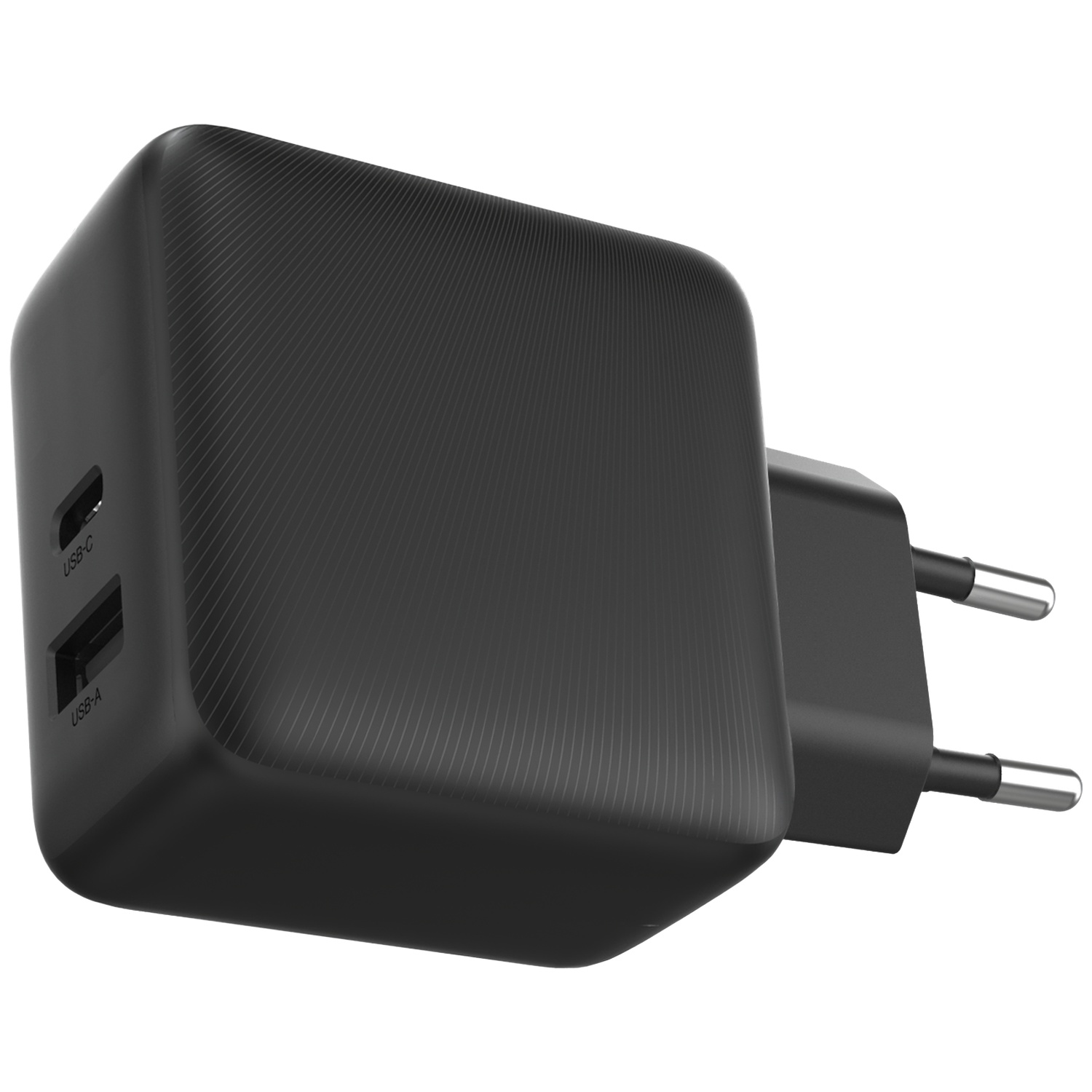 Zwarte USB-C/A opladerstekker met getextureerd oppervlak en twee metalen pinnen.