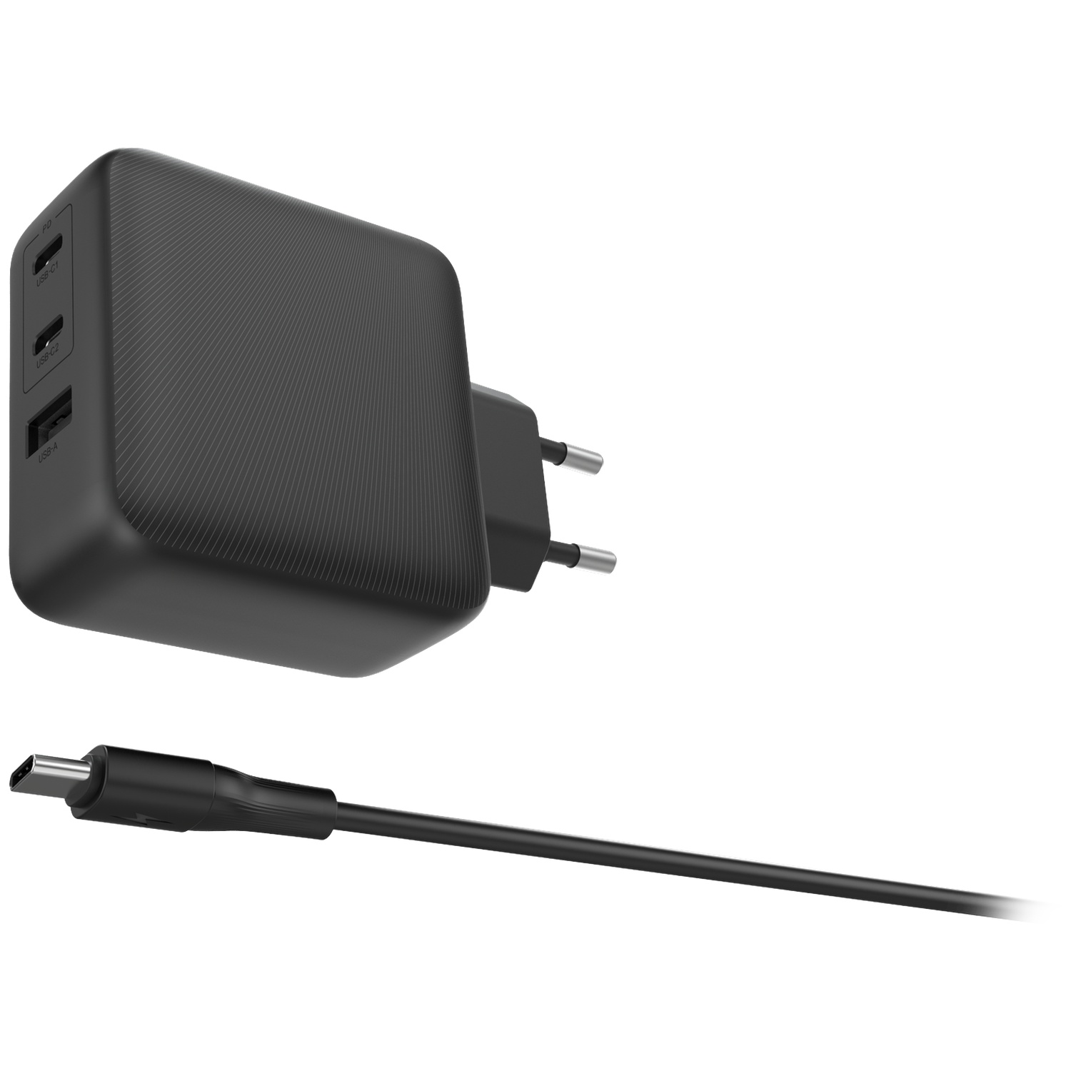 Zwarte USB-C oplader met twee poorten en een kabel op witte achtergrond.