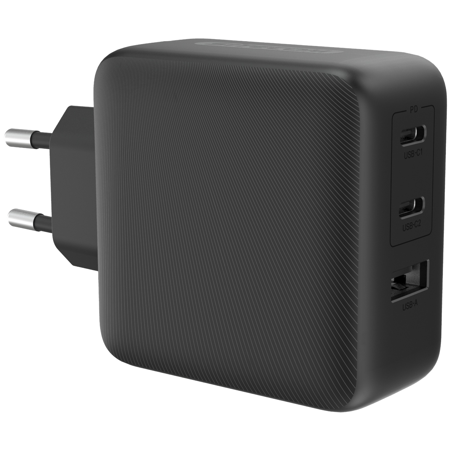 Zwarte oplader met twee USB-C en één USB-A poort.