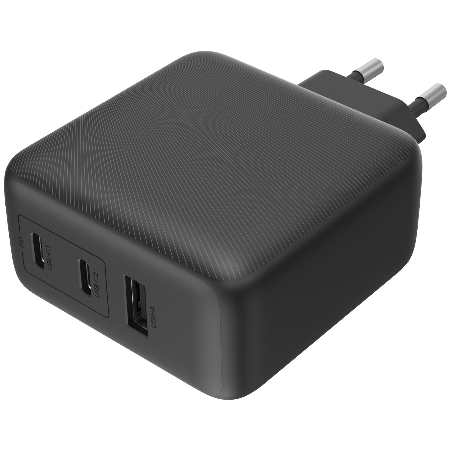 Zwarte USB-C PD wandlader met twee USB-C en één USB-A poort.
