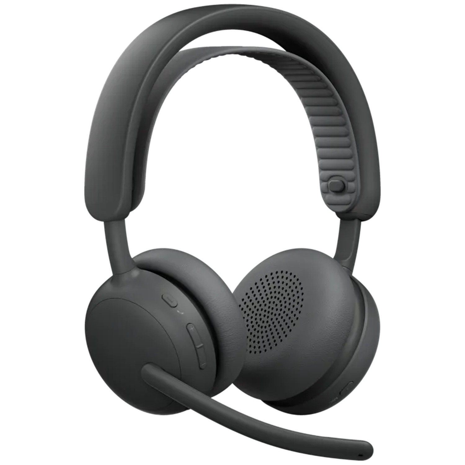 Casque supra-auriculaire gris foncé avec microphone et bandeau rembourré.