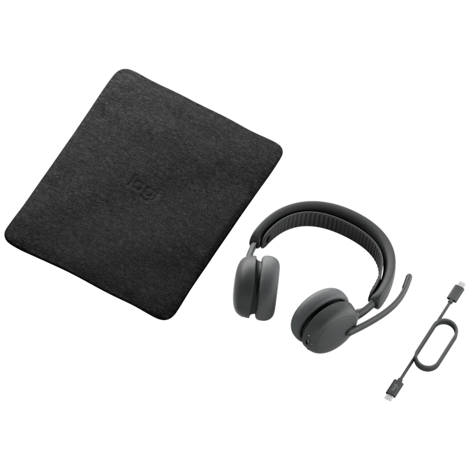 Étui Logi gris, casque avec micro et câble USB-C sur fond blanc.