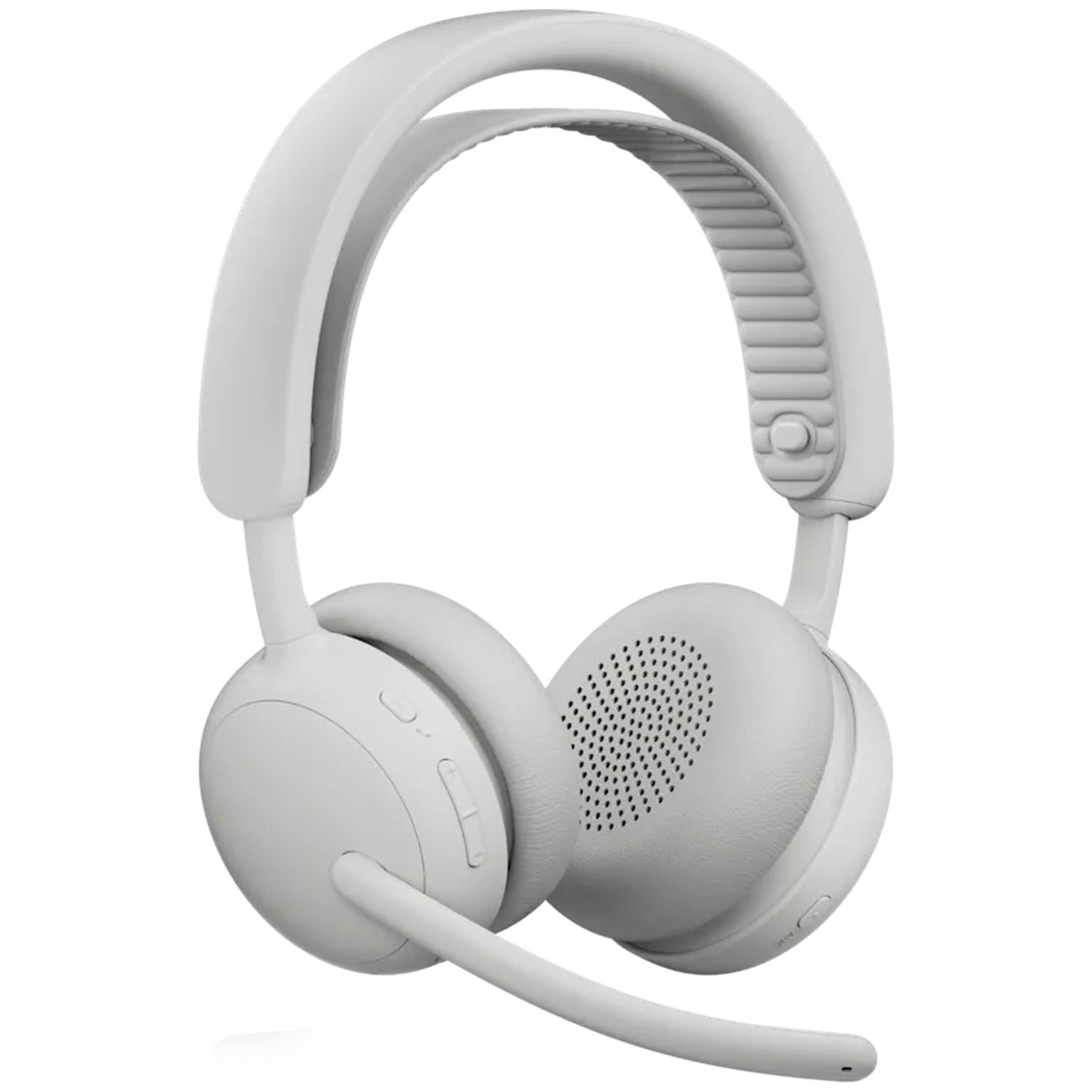 Casque blanc circum-aural avec microphone, sur fond blanc.