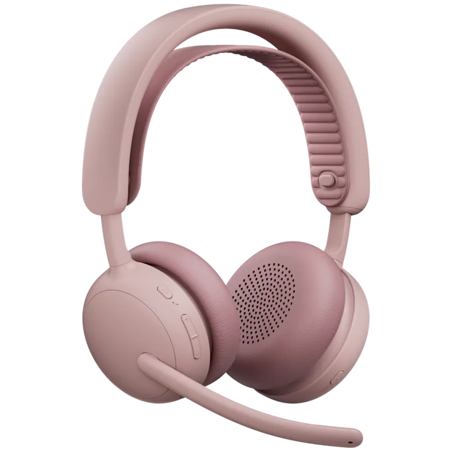 Un casque supra-auriculaire sans fil rose clair avec un microphone articulé s'étendant de l'écouteur gauche, vu sous un angle.