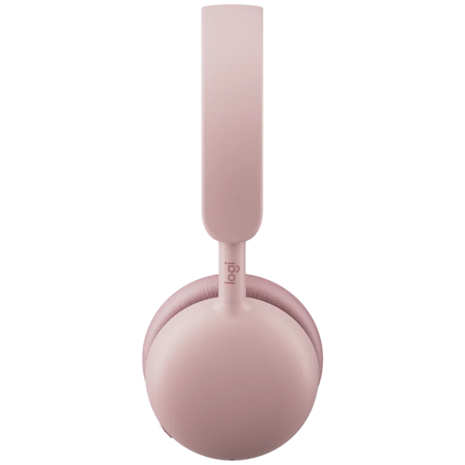 Un casque rose avec le logo Logi. Prise de vue en studio sur fond blanc.