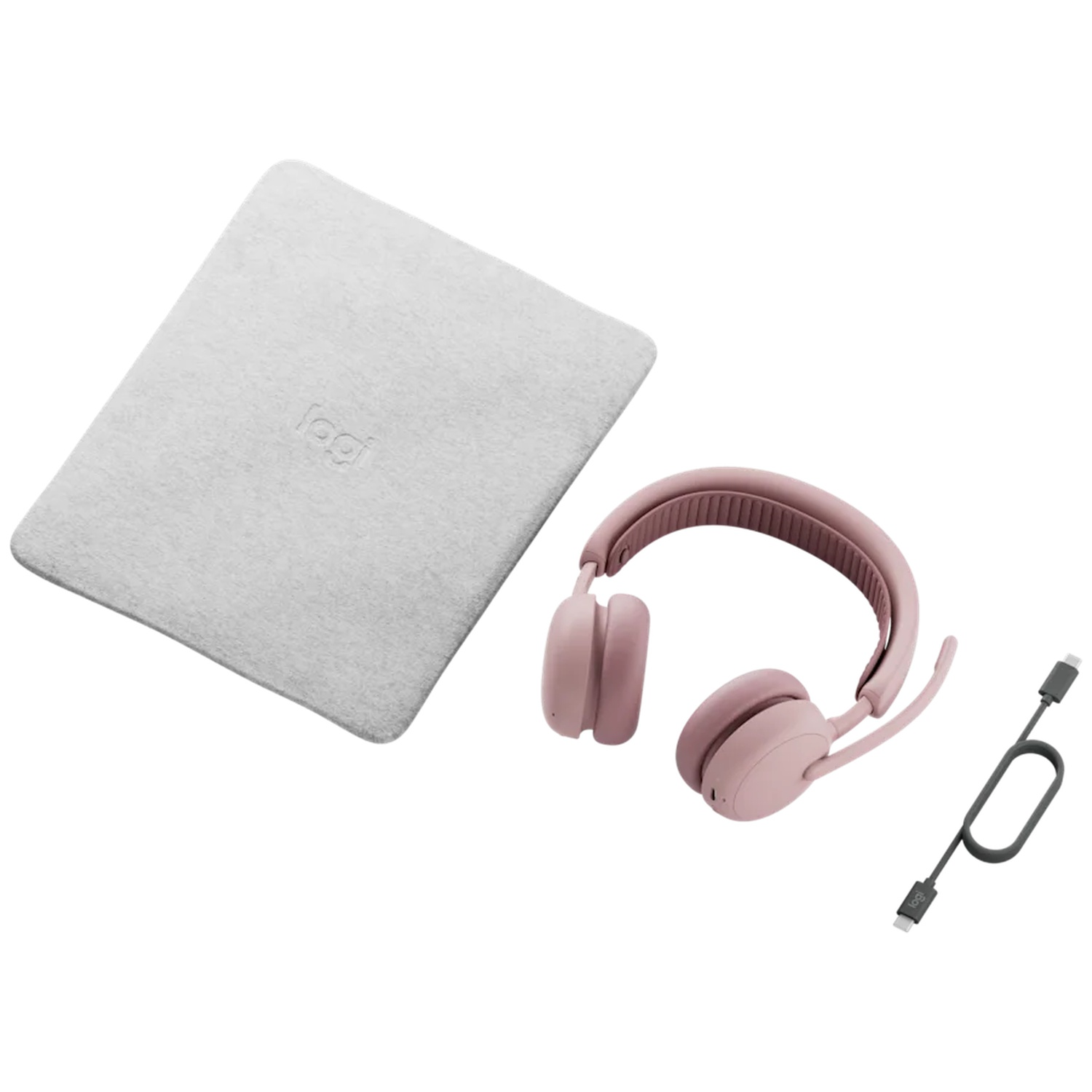 Casque rose avec étui Logi gris et câble USB-C.