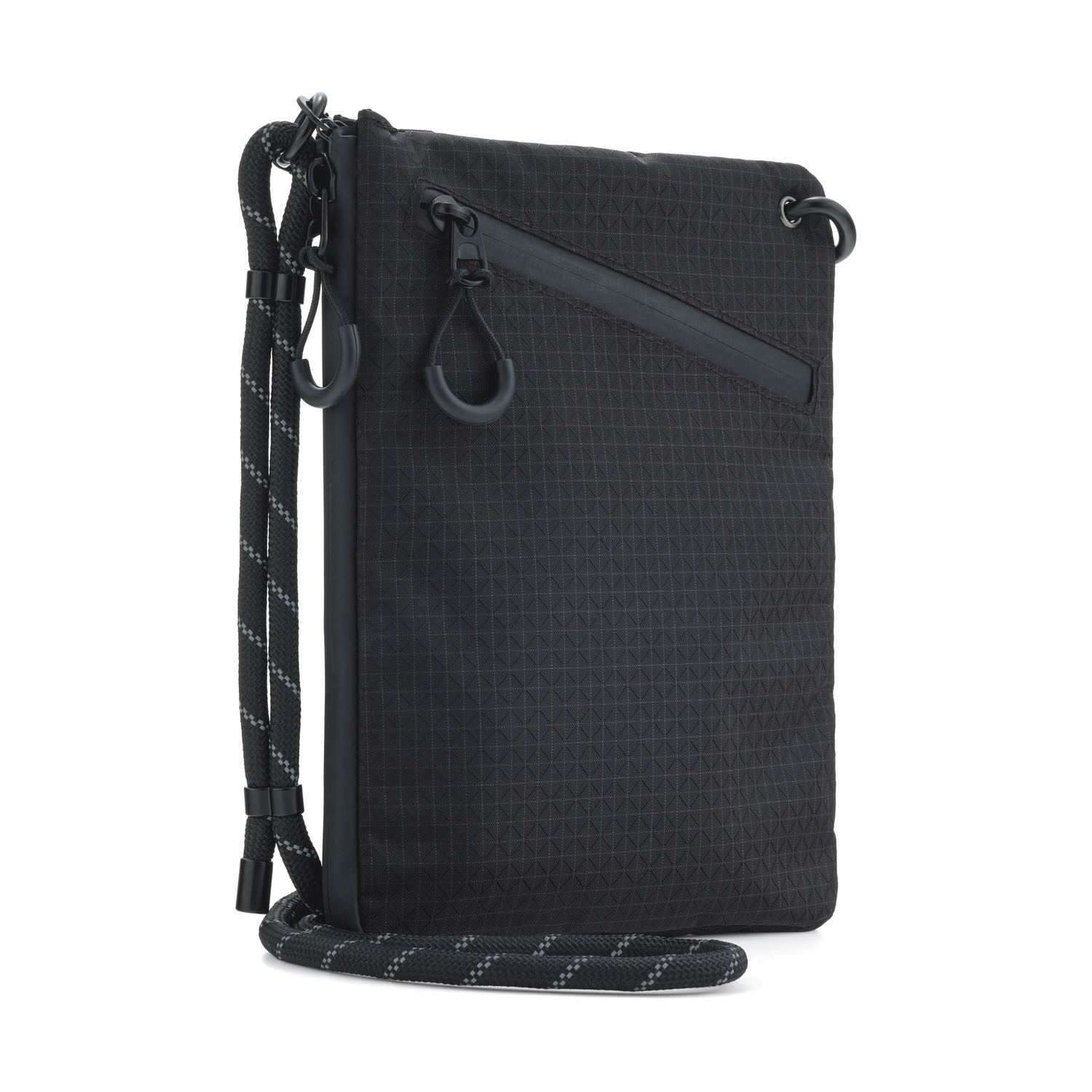 Borsa a tracolla nera con tasca con zip e tracolla in corda.
