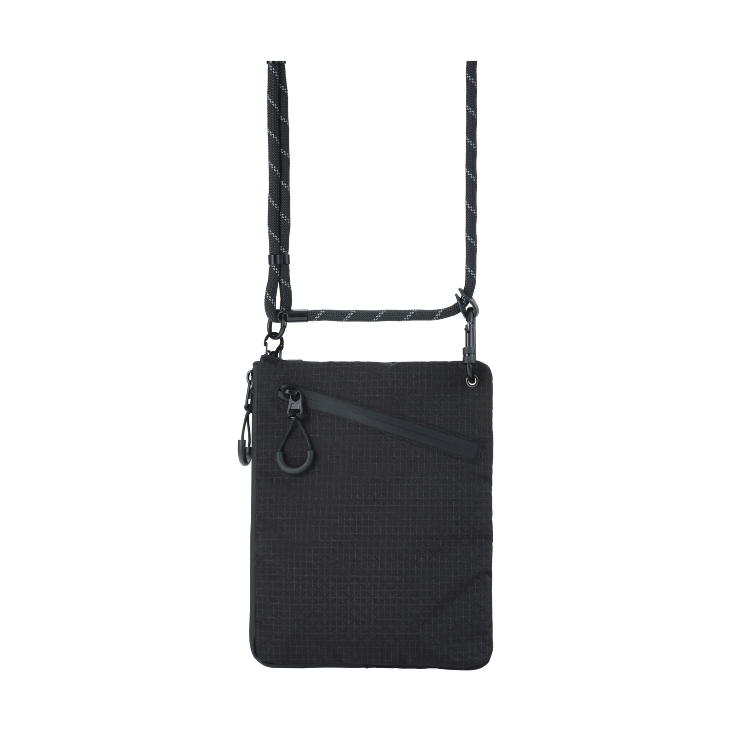 Una borsa a tracolla nera con tracolla e chiusura a zip.