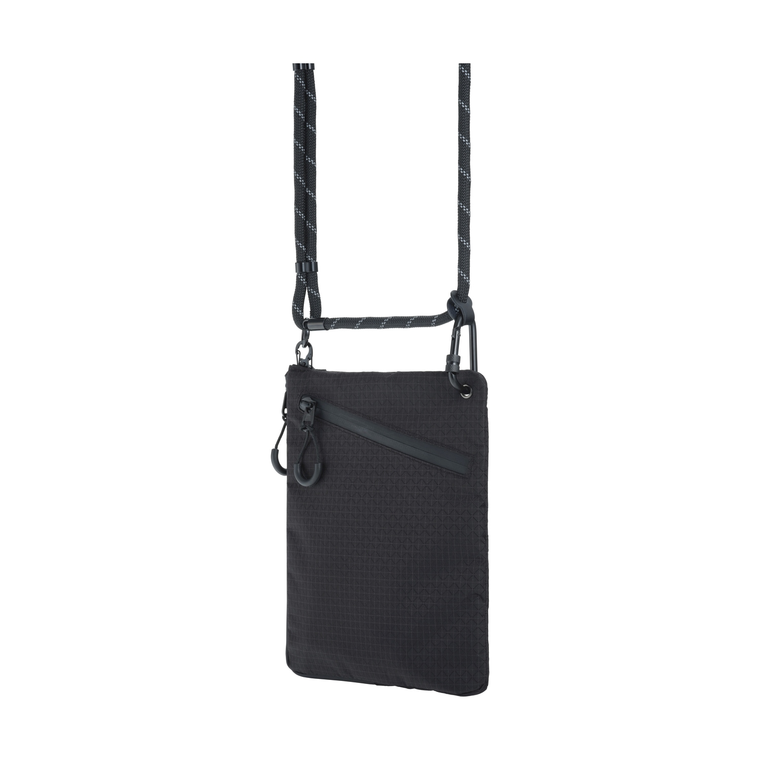 Borsa nera con cordino, moschettone e tasca con zip.