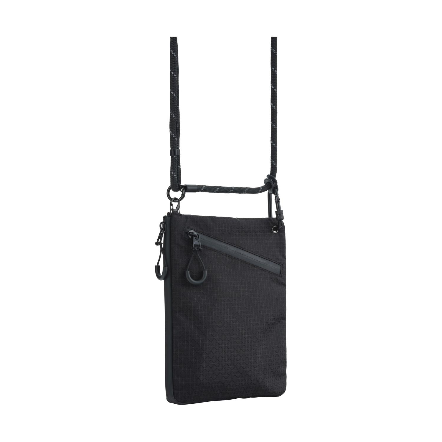 Borsa a tracolla nera con tasca con zip e tracolla in corda.