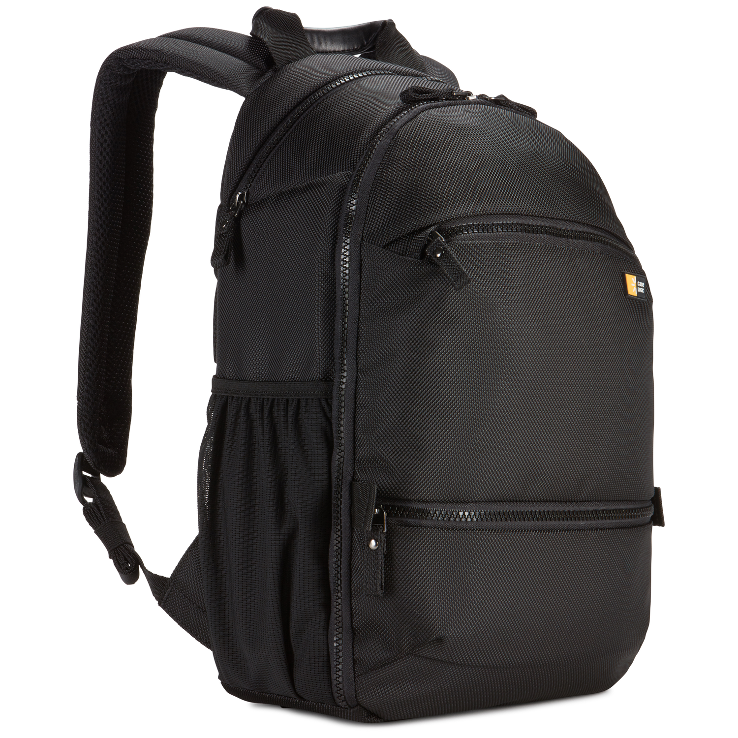A black backpack with padded straps and zippered pockets, shown on a white background.