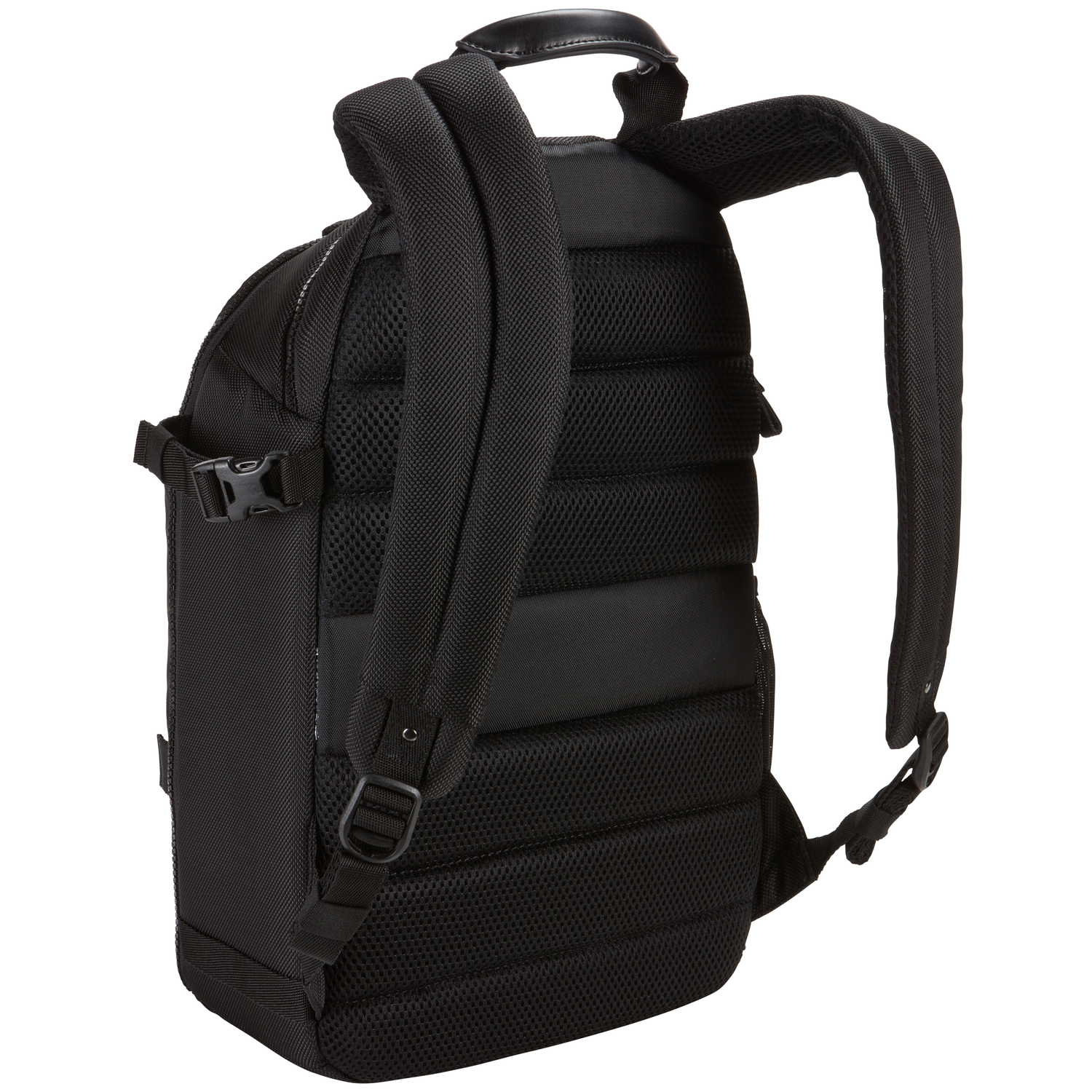 Back view of a black backpack with padded straps and mesh fabric.