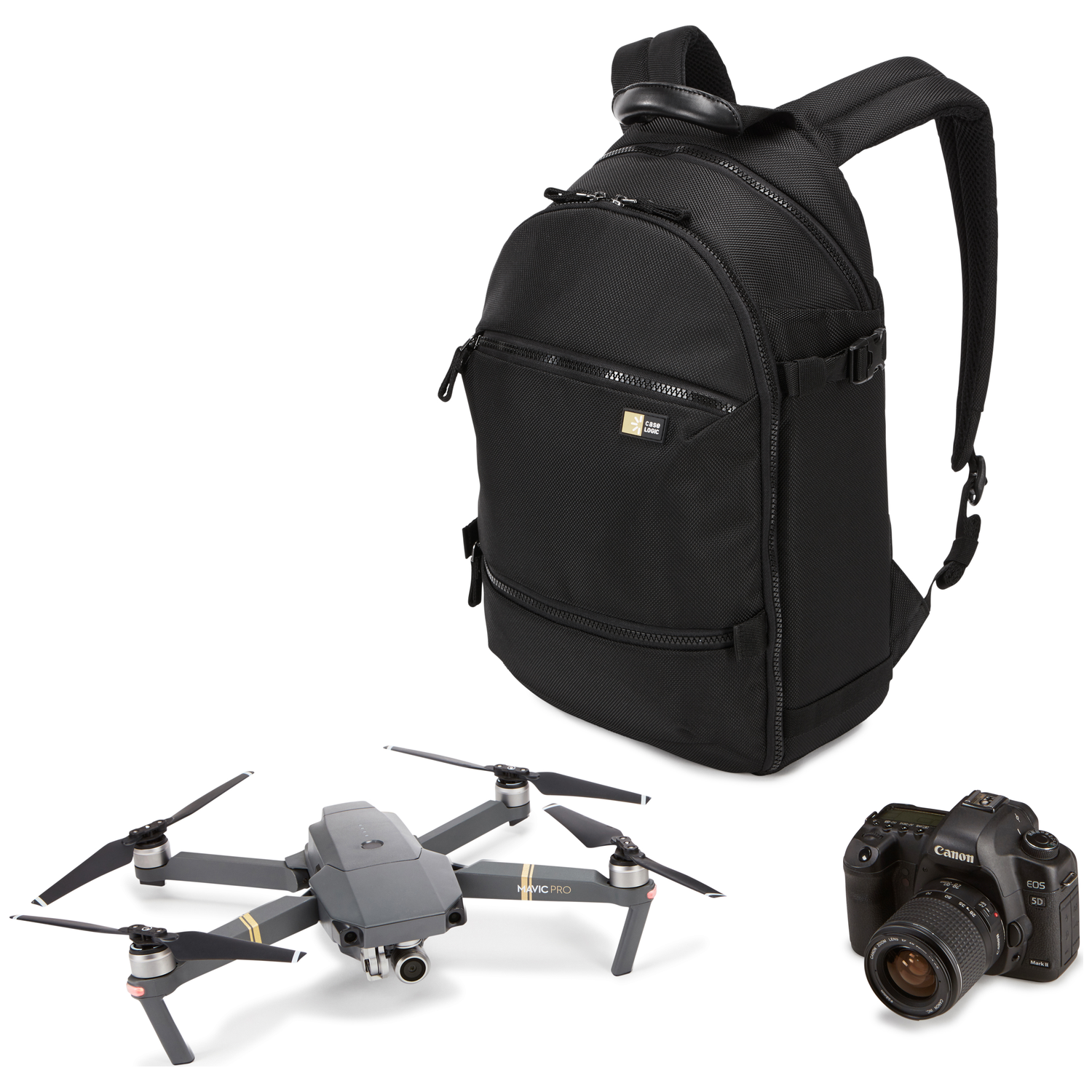 Black backpack, drone, and digital camera on a white background.