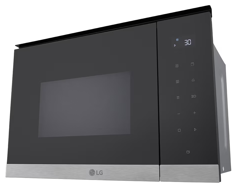 Egy fekete LG mikrohullámú sütő ezüst csíkkal és digitális kijelzővel.
