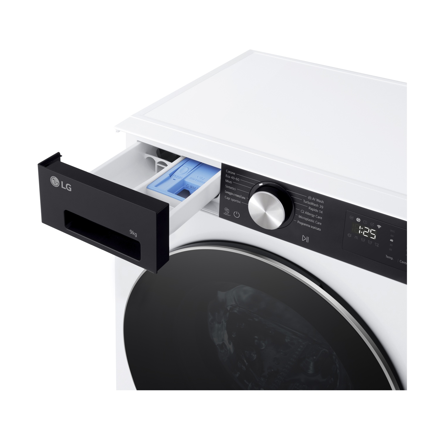 Una lavatrice LG bianca con cassetto detersivo aperto e pannello di controllo visibile.