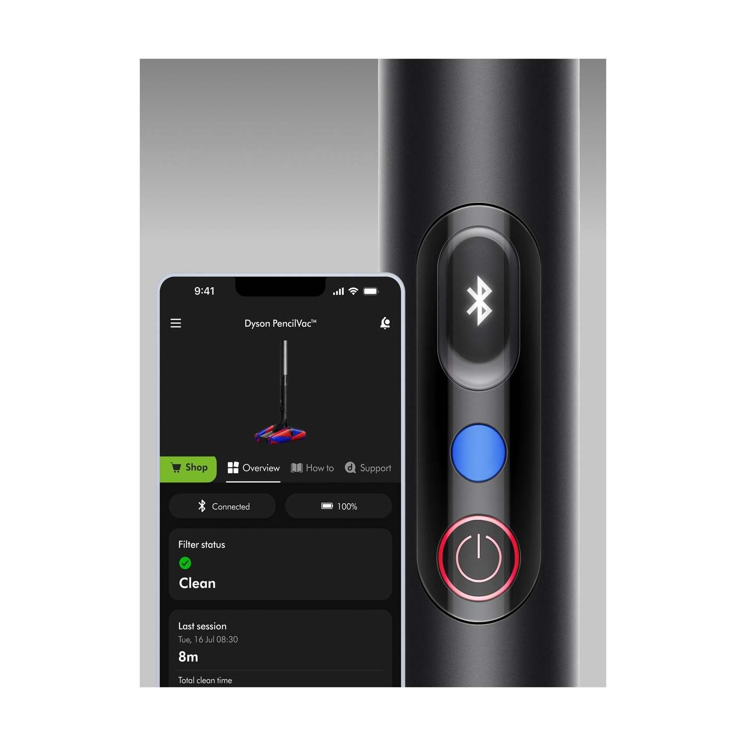 Uno smartphone mostra un'app Dyson PencilVac con immagine aspirapolvere.