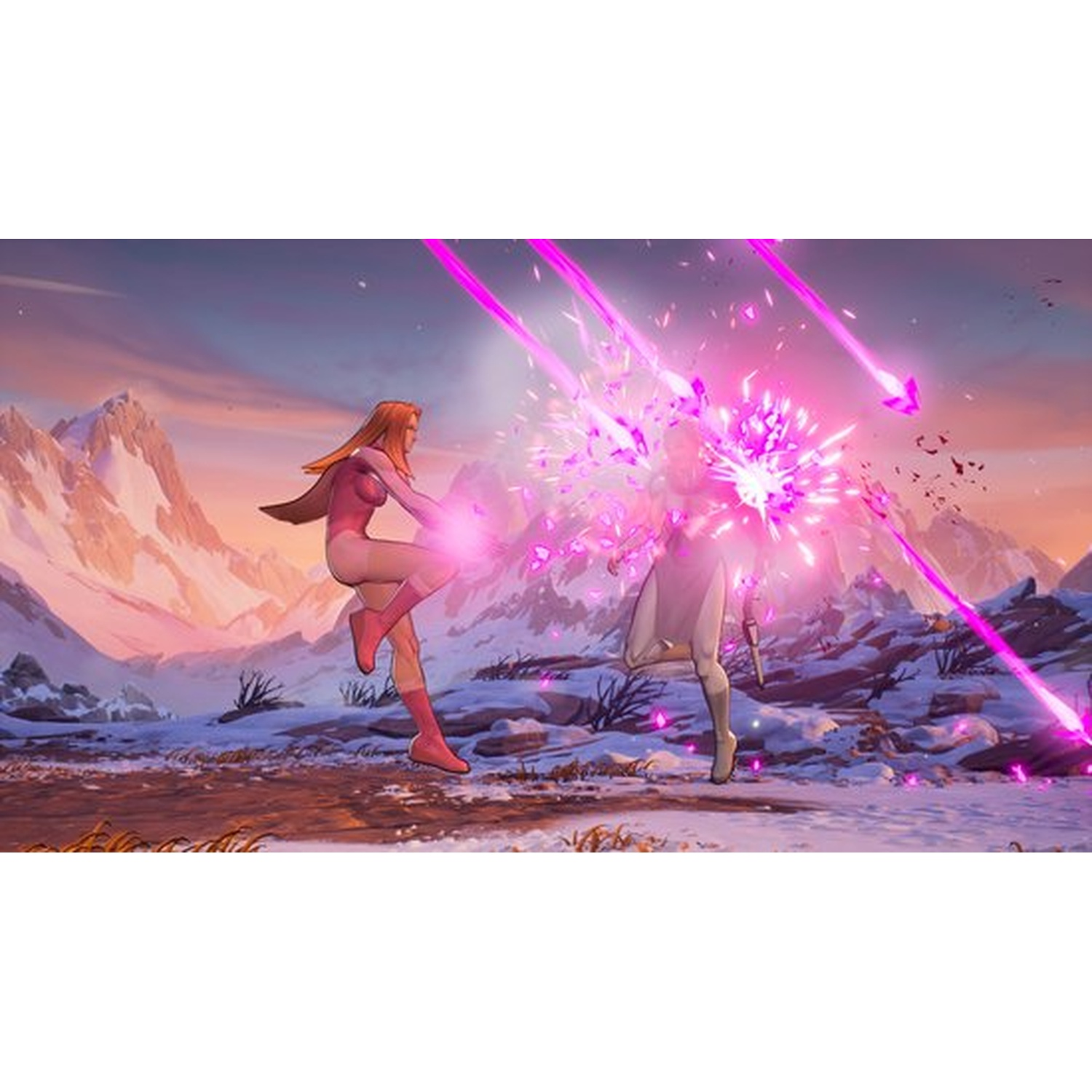 Twee figuren vechten met roze energiegolven in een besneeuwd berglandschap.
