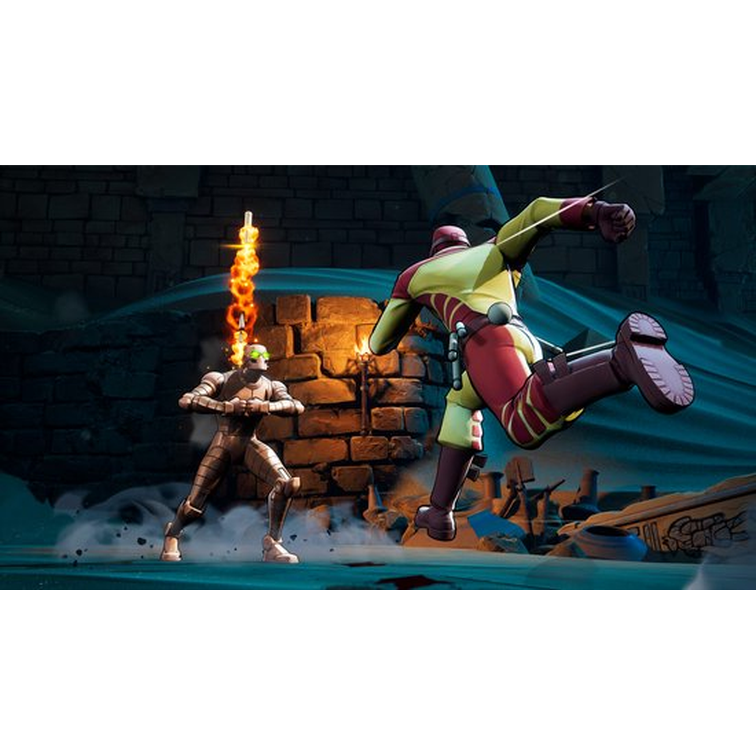 A soldier in red and yellow jumps over another spewing fire.