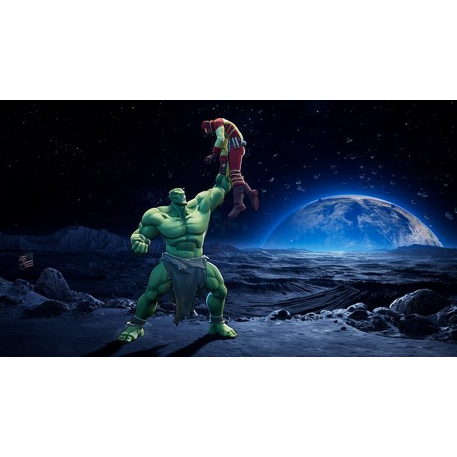 The green Hulk holds a man in red and yellow on the moon, with Earth in the background.