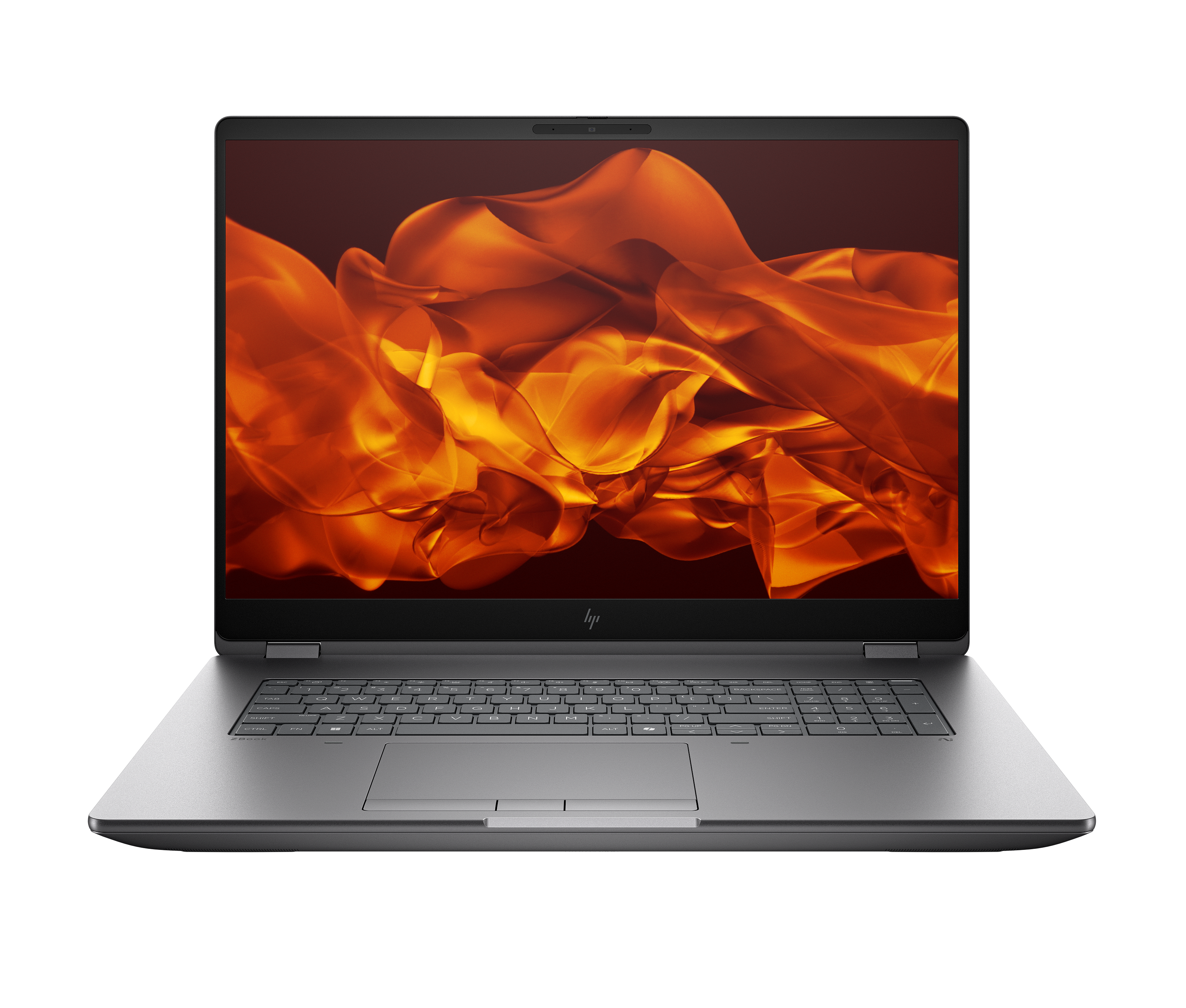 Grauer Laptop mit orangenem, fließendem Hintergrundbild auf dem Bildschirm.